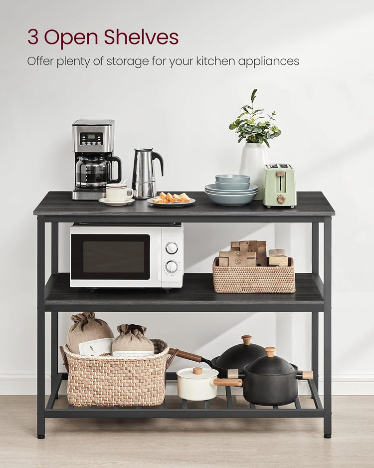 VASAGLE Kitchen Island with 3 Shelves, 47.2 Inches Width Kitchen Shelf with Large Worktop, Stable Steel Structure, Industrial, Easy to Assemble, Ebonised Oak and Black UKKI001B42