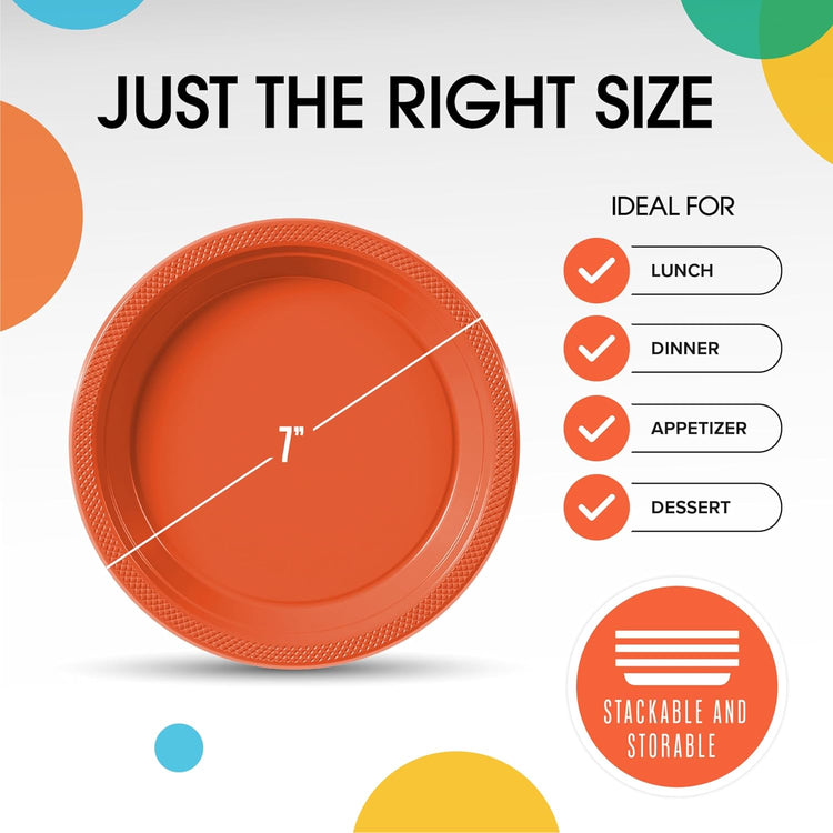 Exquisite Party Solids Orange Plastic Plates For Party 7" Orange Disposable Plates Heavy Duty Supplies 100 Pcs Plastic Dinnerware Sets Heavy Duty 350 GSM Disposable Dinnerware Set