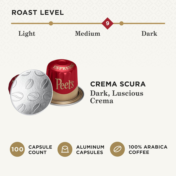 Peet's Coffee, Medium Roast Espresso Capsules, Compatible with Nespresso Original Machine - Crema Scura Intensity 9, 100 Count (10 Boxes of 10 Espresso Capsules)
