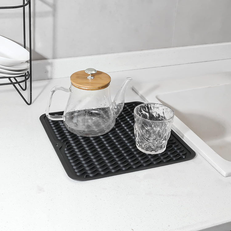 Silicone Dish Drying Mat for Multiple Usage,Easy clean,Eco-friendly,Heat-resistant Silicone Mat for Kitchen Counter or Sink,Refrigerator or Drawer liner Black M 12 inches x 12 inches