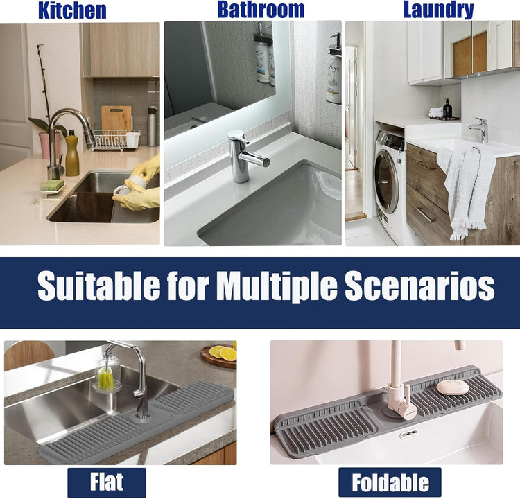 24" Silicone Faucet Mat for Kitchen Sink,Folding Sink Splash Guard Behind Faucet,Fasten Button & 6° Slope Design Faucet Drain Mat for Kitchen and Bathroom,Faucet Draining Mat(Gray)