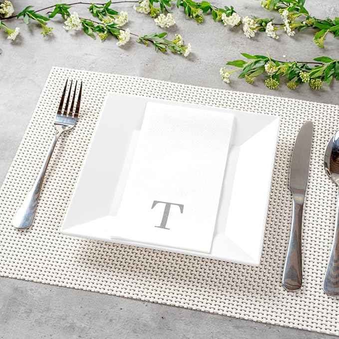 Luxenap 15.8 X 7.9 Inch Linen-Feel Guest Towels, 2000 Lettered Hand Towels - Silver Letter 'T', Sans Serif Font, White Paper Dinner Napkins, airlaid, For Restrooms And Tables - Restaurantware