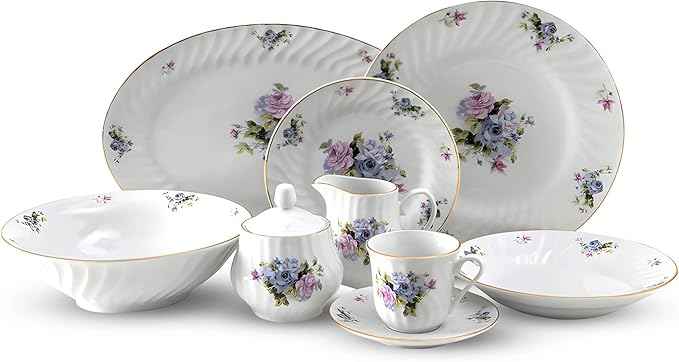 Lynns Paradise 45-Piece Serafina Dinnerware Set, 24K Gold Trim Embossed Swirl Floral Plates & Bowls Apartment Essentials Home Kitchen Dinner Accessories