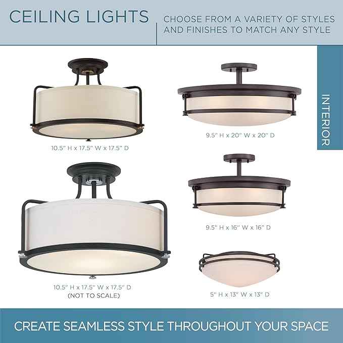 Quoizel Rigel Semi-Flush Mount Ceiling Light Fixture, 18 Inch 3-Light 100W Western Bronze Hanging Light with Beige Fabric & Frosted Glass Shade for Hallway, Kitchen, Bedroom, Living Room or Office