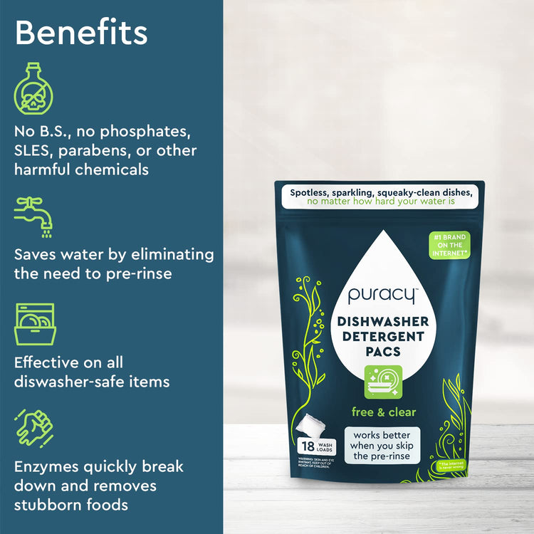 Puracy Dishwasher Pods, Natural Dishwasher Detergent, Free & Clear Dish tabs - Enzyme-Powered, Spot & Residue Free - TikTok Trend Items, Must Haves from TikTok Made Me Buy It (Free & Clear, 18 Count)