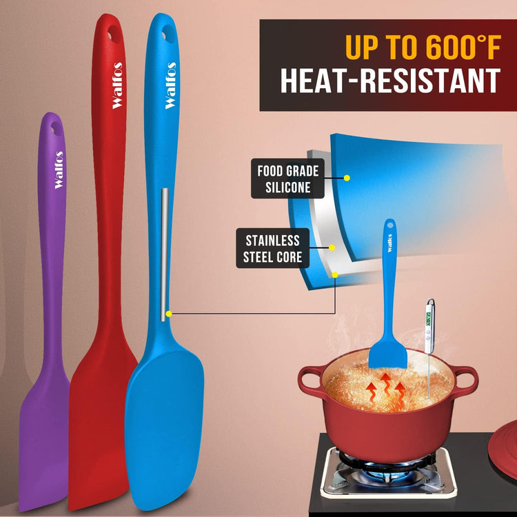 Walfos Silicone Spatula Set of 4(600°F),Heat Resistant Kitchen Silicone Scraper Spatulas, Strong Steel Core and One-Pieces Seamless Design, For Cooking Mixing & Baking,BPA Free & Dishwasher Safe