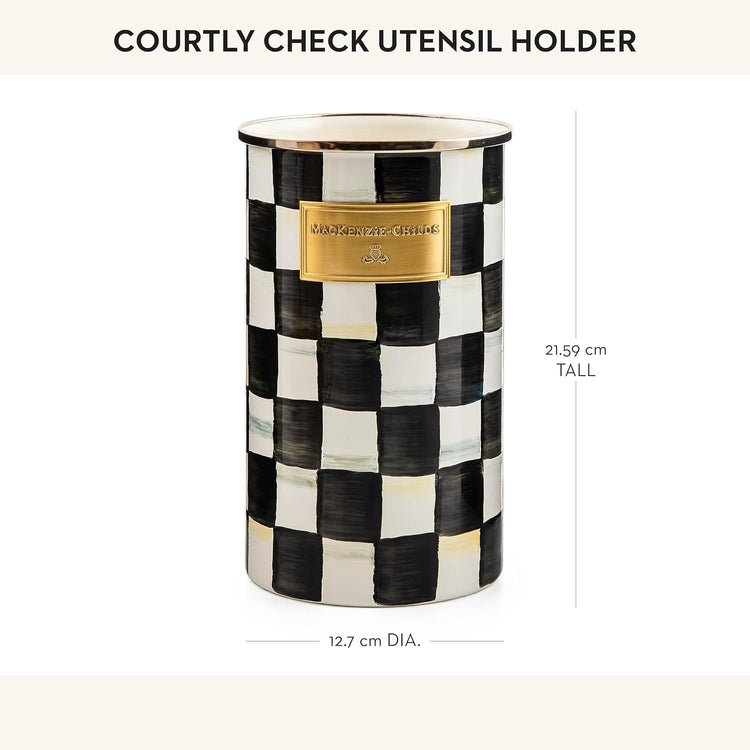 MACKENZIE-CHILDS Enamel Utensil Holder, Kitchen Utensil Holder for Countertop, Storage Caddy, Black-and-White Courtly Check
