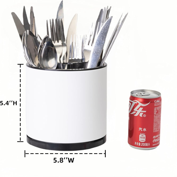 Kitchen Utensil Holder Silverware Organizer 360°Rotating For Counter Organizer Stainless Steel Storage Silverware Caddy 3 Compartment Flatware Spoon Spatula Tool Cutlery Container(White)