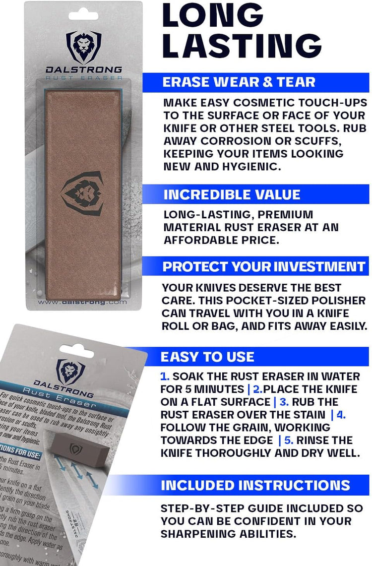 Dalstrong Premium Rust Remover & Eraser - Knife Maintenance and Care - For Knives, Scissors, Stainless Steel Pots and Pans, Whetstones - Sharp Polish for Tools - Calcium Carbonate