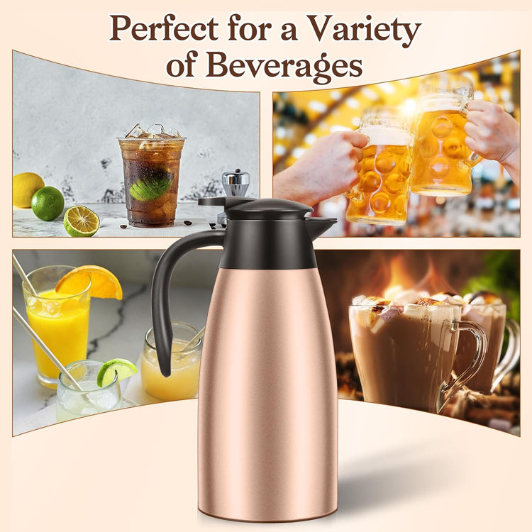 1 PCS 68 OZ Thermal Coffee Carafe, Insulated Stainless Steel Coffee Carafe Double Walled Vacuum Thermal Pot Flask with Brushes Thermos for Keeping Hot Coffee Tea Home and Office (Gold)