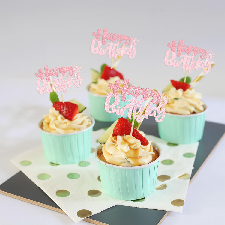 24Pcs Pink Light Pink Happy Birthday Cupcake Toppers for Baby Shower (24 Count)