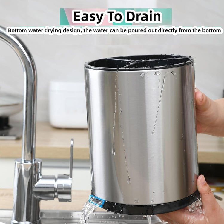 Kitchen Utensil Holder Extra Large 360°Rotating For Counter Organizer Stainless Steel Storage Cooking Silverware Caddy 3 Compartment Flatware Spoon Spatula Tool Cutlery Container(Silvery)