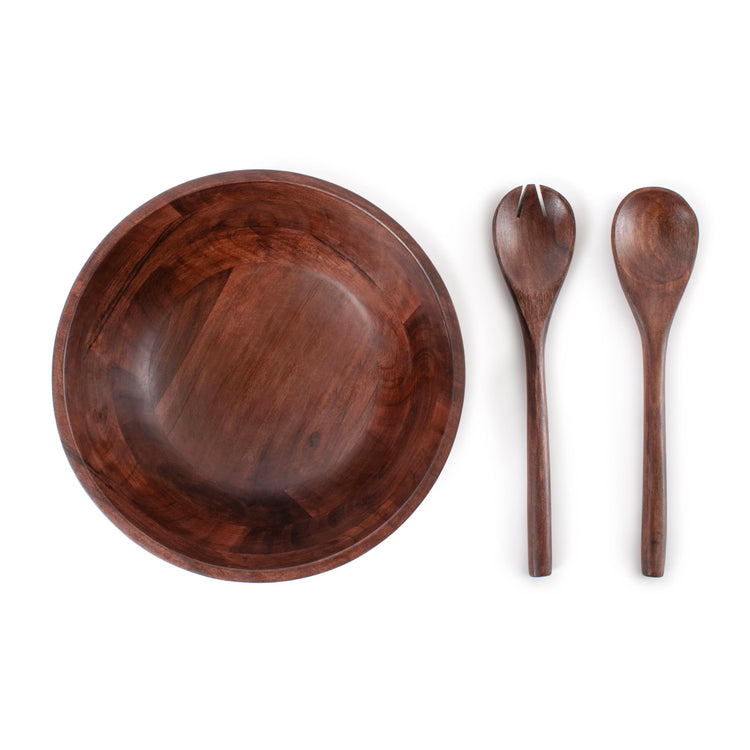 12" Dark Burnt Wooden Salad Bowl Set with Serving Utensils Eco