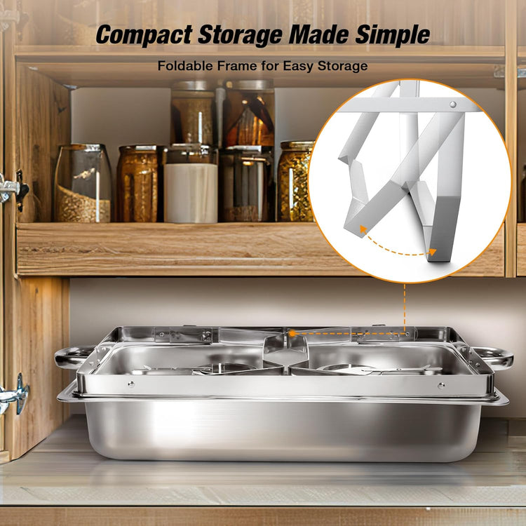 Chafing Dishes for Buffet 9QT 2 Pack, Easy Assembly, Food-Grade Stainless Steel Chafers for Catering w/Rolled Edge Design, Foldable Frame, for Party, Banquet (Full Size Food Pan)