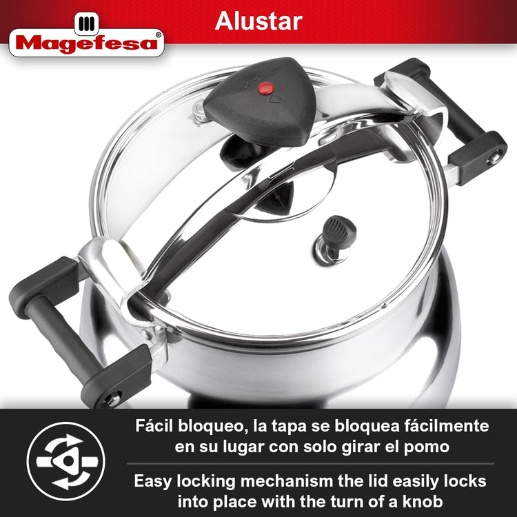 Magefesa Alustar 23.2-Quart Aluminum Pressure Cooker – Extra-Thick Construction, Thermodiffusion Base, 3 Safety Systems, Professional-Grade - Nestoria