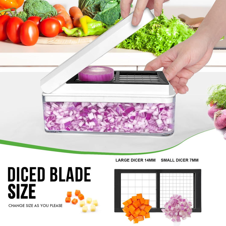 Vegetable Chopper, Onion Chopper Dicer, Mandoline Slicer, Food Chopper with Container, Vegetable Cutter for Salad Potato Carrot Garlic(2 Blades, White Black)