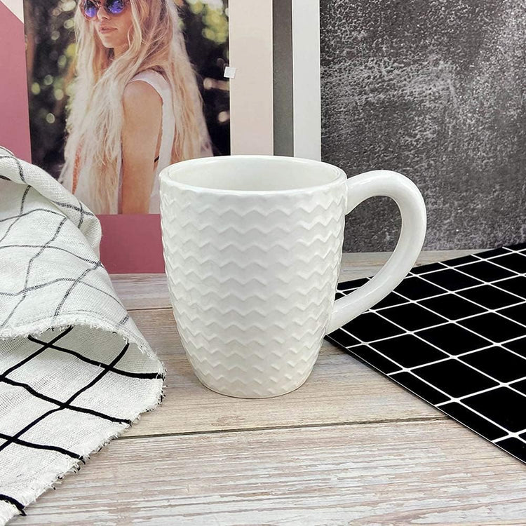 Schliersee 12 OZ White Ceramic Coffee Mugs set of 6, Stylish Embossed Coffee Cups Set for Coffee, Tea, Milk, Cocoa, Cereal