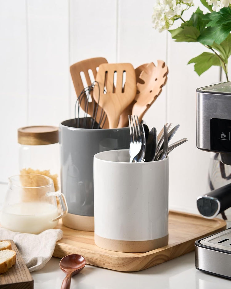famiware Milkyway Kitchen Utensil Holder for Countertop, Ceramic Cooking Utensil Crocks for Kitchen Counter, Utensil Organizer for Spatula & Spoon, Set of 2, Dark Gray and White