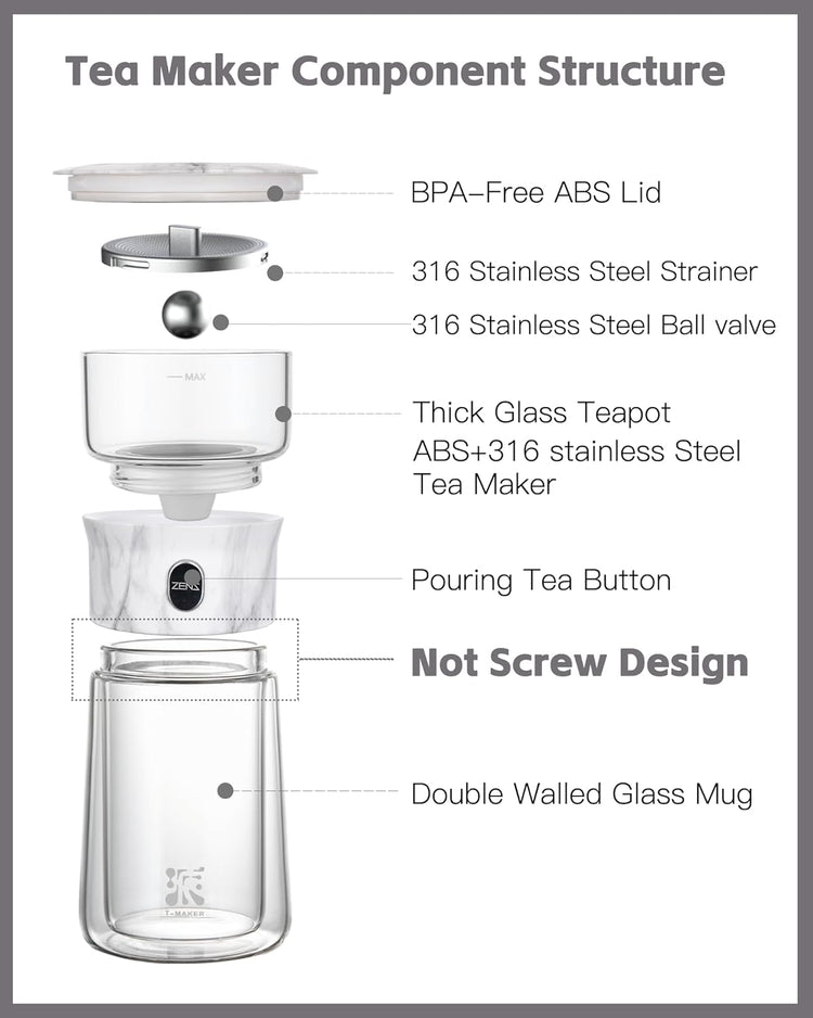 ZENS Modern One Touch Tea Maker, Glass Teapot with Infuser for Loose Leaf Tea Diffusers, Mess-Free Smart Pouring with Insulated Mug and Portable Tea Kits for Tea Lover Gifts