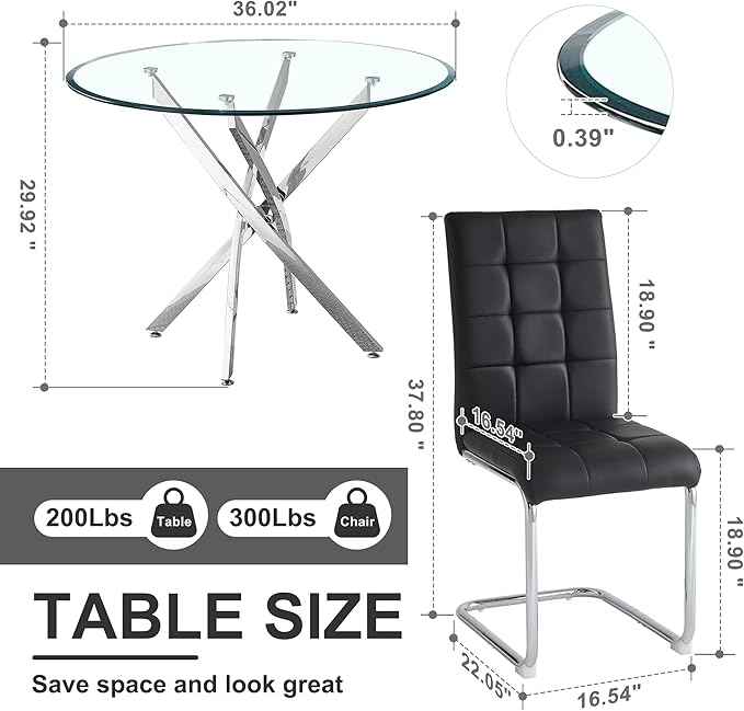AF ARTISAN FURNITURE 5 Piece Round Glass Dining Table Set, Silver Glass Kitchen Table Set for 4 Modern Table Set with 4 Black PU Upholstered Dining Chairs, for Small Space, Breakfast Nook