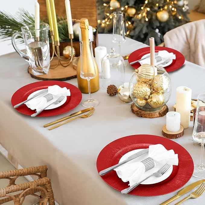 Tanlade 12 Pcs Charger Plates Bulk 13 Inch Plastic Round Wedding Chargers Floral Decorative Plates with Metallic Ruffled Rim for Wedding Party, Holiday Event Supplies(Red)