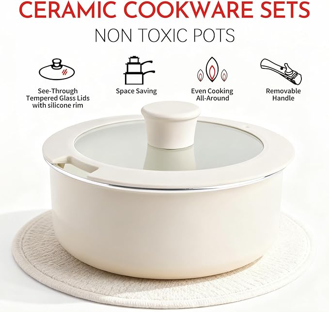 Heapsion 10-Piece Ceramic Nonstick Cookware Set, PFAS/PFOA/PTFE-Free & Non-Toxic Pots and Pans Set with Detachable Handles, Dishwasher Safe & Induction Compatible for Kitchen & RV Cooking