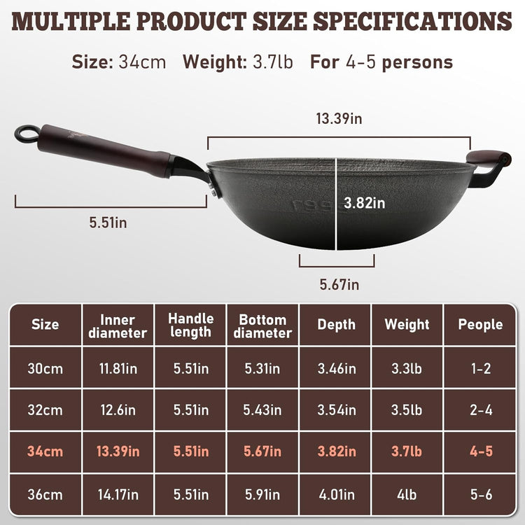 HONGJIANG Cast Iron Wok Pan, 13.4" Pre-Seasoned Flat Bottom Wok,Coating-Free Wok Stir Fry Pan With Glass Lid,Compatible Traditional Chinese Wok For Induction, Electric, Gas,Open Fire