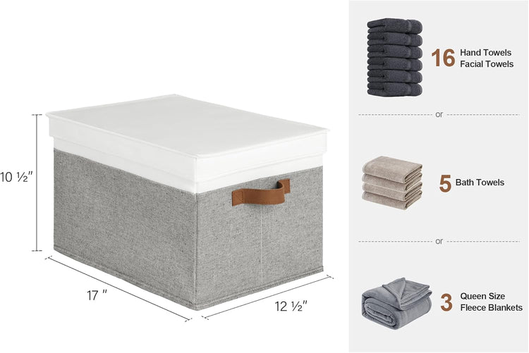 StorageWorks Storage Bins with Lids, Decorative Storage Boxes with Lid and PU Handles, Foldable Storage Baskets for Closet, Shelves, Stackable, Grey and White, Jumbo, 3-Pack
