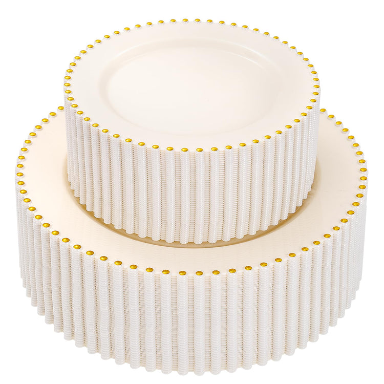 100pcs Ivory Plastic Plates with Gold Beads for Wedding & Party (100 Count)