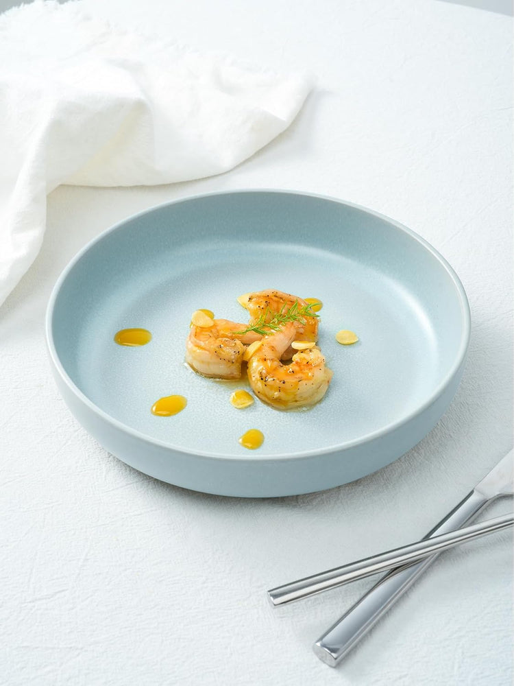 famiware Milkyway Pasta Bowls Set of 4, 8.5" Large Salad Bowls, Double Reactive Glaze, Sturdy & Stackable, Ideal for Housewarming, Festivals, Light Blue