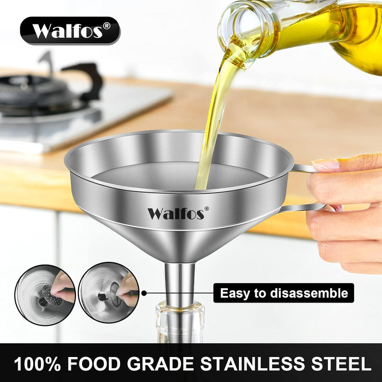 Stainless Steel Funnel, Walfos Kitchen Funnel with 2 Removable Strainer & 1Pc Cleaning Brush, Perfect for Transferring of Liquid, Oils, Jam, Dry Ingredients & Powder (Big, 4.9")