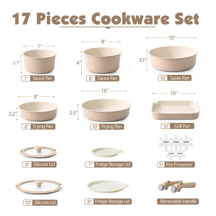 17 Piece Ceramic Detachable Handle Pots and Pans Set Almond Beige