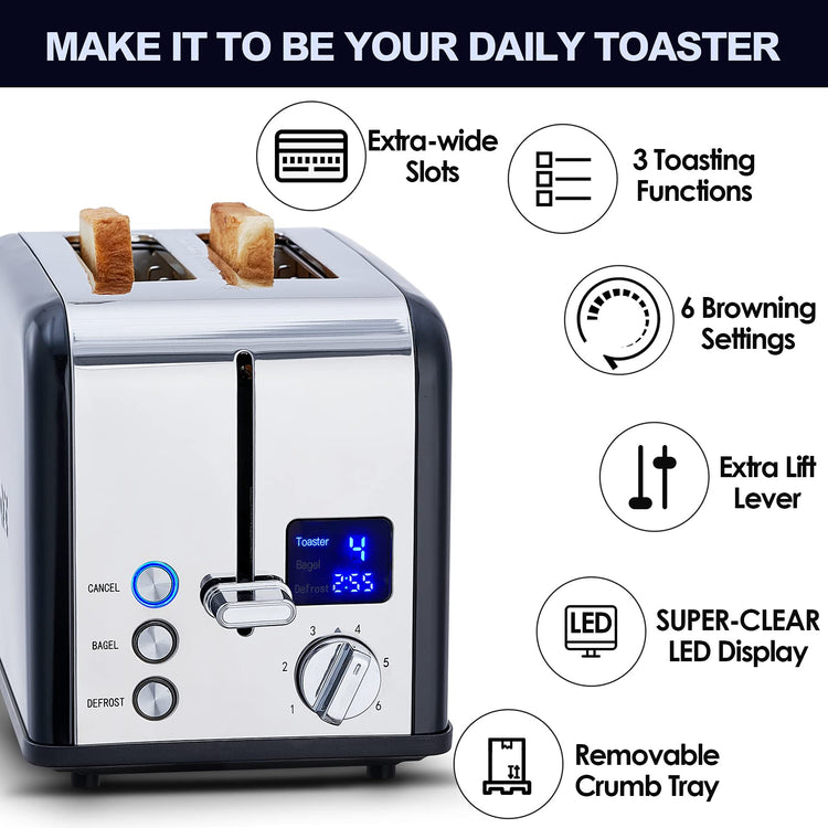2 Slice Stainless Steel Toaster with Digital LED Display