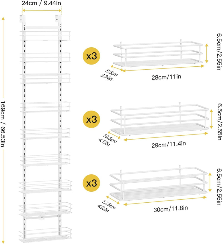 Pantry Door Organizer 12 Inch Wide, 9 Tier Hanging Adjustable Over the Door Spice Rack For Narrow Space,Matt White