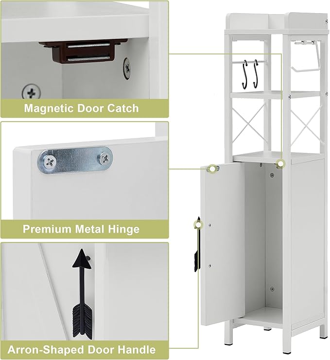 VECELO Slim Toilet Paper Holder, Small Cabinet with Door & 2 Shelves Fenced Top, Bathroom Narrow Storage Organizer for Restroom Bathroom Tiny Space, Pearl White