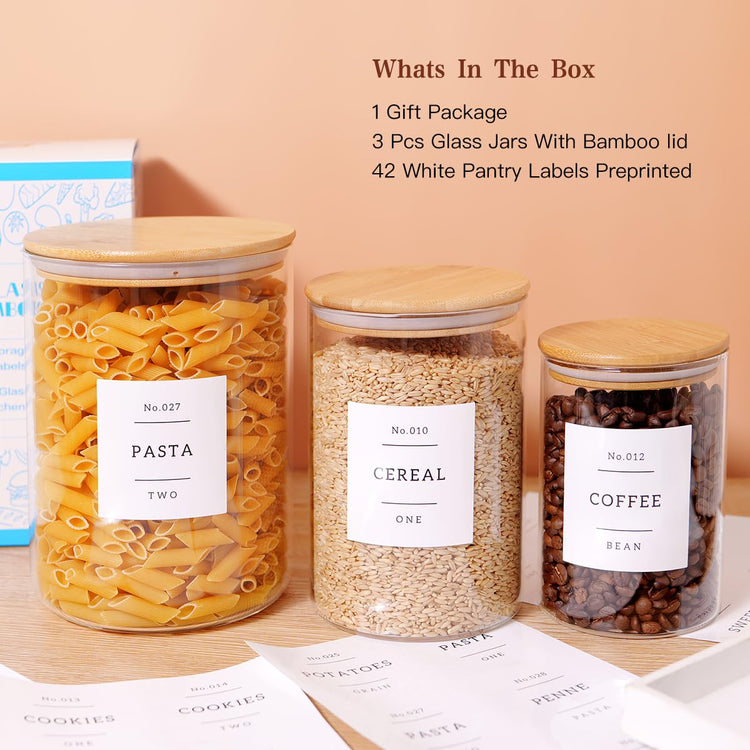 3 Pcs Glass Canisters with Airtight Bamboo Lids and 42 Kitchen Pantry Labels Preprinted