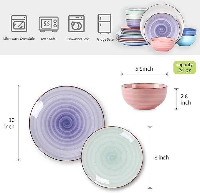 Selamica Ceramic Dinnerware Sets for 6, 18 Pieces Plates and Bowls Set, Scratch Resistant Dishes Set, Handpainted Swirl with Spot Dishwasher & Microwave Safe, Gradient Color