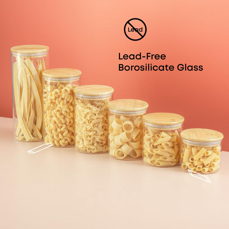 Borosilicate Glass Jars With Bamboo Lids. 6 Pc Set of Air Tight Sealable Containers. Food Jar Canisters with Airtight Lid for Pantry Storage and Kitchen Organization. (6 Count)
