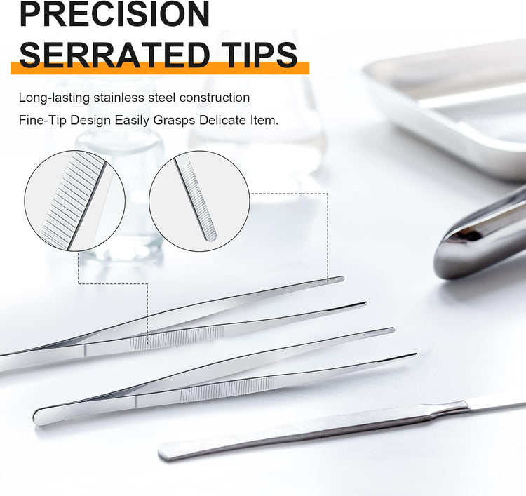 Yaomiao 4 Packs 10 Inch Bar Tweezers Silver Long Garnish Tongs Stainless Steel Kitchen Cooking Tongs Tweezers for Food Cocktail Korean BBQ Bartender Chef, Multi-use