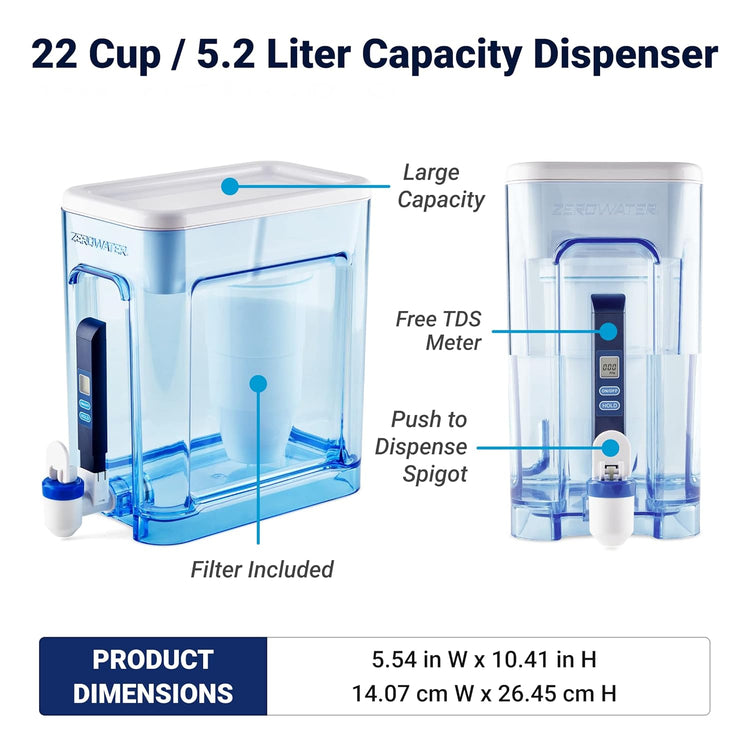 ZeroWater 22-Cup Ready-Read 5-Stage Water Filter Dispenser with Instant Read Out - 0 TDS for Improved Tap Water Taste - IAPMO Certified to Reduce Lead, Chromium, and PFOA/PFOS