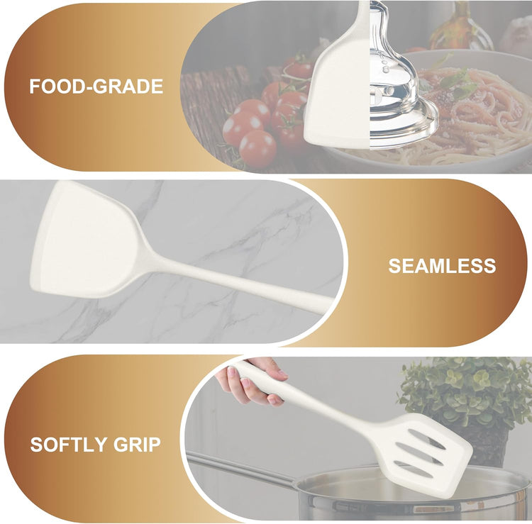 TeamFar Silicone Cooking Utensils Set of 5, Kitchen Utensils Solid & Slotted Spoons Turners Pasta Server for Nonstick Cookware, Healthy & Heat-Resistant, Seamless & Non-Scratch, Dishwasher Safe, White