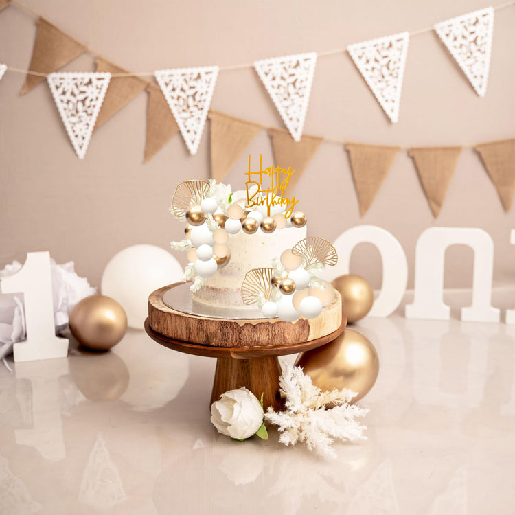 57Pcs Khaki Balls Cake Topper Boho Grass Cake topper Pearl Balls Acrylic Happy Birthday Cake Decorations for Wedding Baby Shower Birthday Boho Themed Party Supplies Khaki White Gold (57 Count)