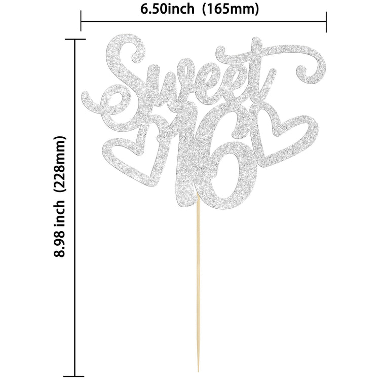 1Pc Sweet Teenager 16 Cake Topper Glitter 16th Birthday Cake Pick for Cheers to 16 Years Old 16th Birthday Party Cake Decorations Supplies Sliver