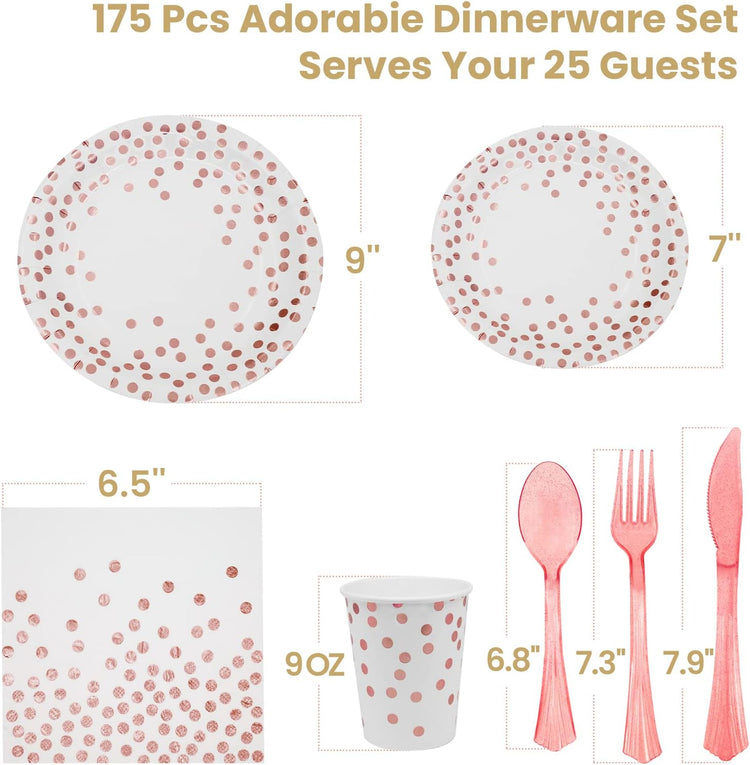AIRE 175Pcs White Rose Gold Paper Plates Dinnerware Sets for 25 Guests, Party Supplies Disposable Paper Party Plates Napkins Cups Plastic Forks Knives Spoons For Birthday Baby Shower Wedding New Year