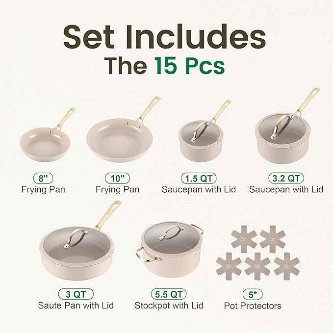 Chef Power Ceramic Cookware Sets, 15Pcs Pots and Pans Set Non Stick, Cookware Set with Stainless Steel Handle, Dishwasher & Oven Safe, Taupe and Light Gold Handle