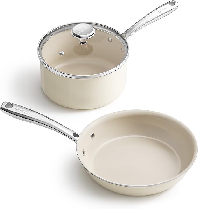 Redchef Sauce Pan & Frying Pan Set, 8" Ceramic Nonstick Fryingpan & 2.5Qt Saucepan with Lid, Mini Cookware Set, Induction Compatible, Nontoxic PTFE PFOA Free, Oven & Dishwasher Safe, Beige