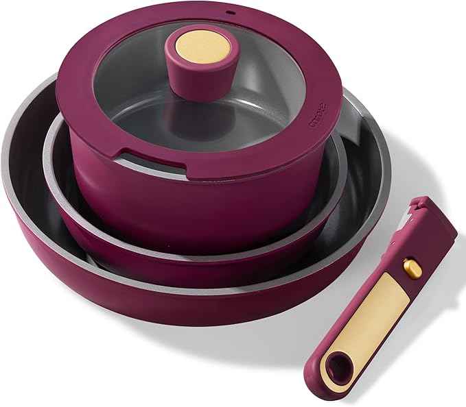 CAROTE Ceramic Pots and Pans Set, Nonstick Cookware Set Detachable Handle, 6pcs Induction Kitchen Cookware Sets Non Stick with Removable Handle, RV Cookware Set, Oven Safe, Purple
