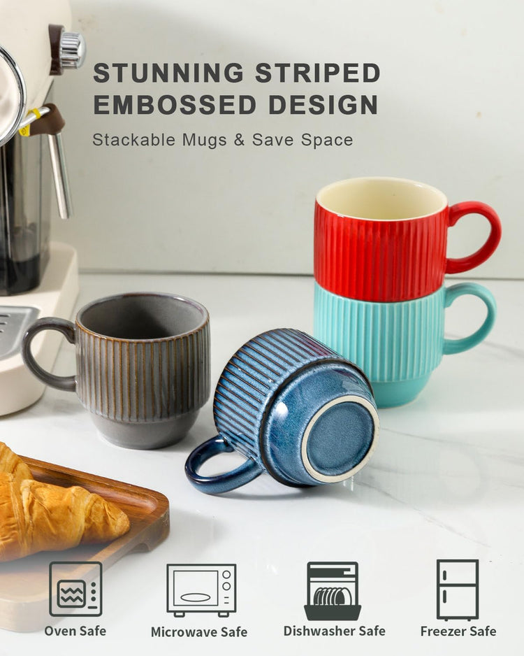 Hasense Coffee Mug Set of 4 with Holder - 12 oz Stackable Large Ceramic Ribbed Latte Cup Set for Cappuccino, Tea, Hot Cocoa, Drinks - Dishwasher & Microwave Safe Multi color