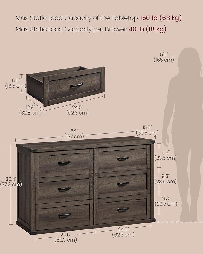 VASAGLE LIRY Collection - 6-Drawer Dresser for Bedroom, 54-Inch Wide Modern Farmhouse Chest of Drawers with Metal Handles, TV Stand, for Living Room, Entryway, Anti-Tipping, Taupe Brown ULTS661TA01S