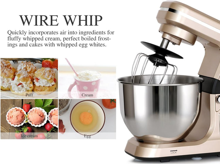 Stand Mixer,5.3-Qt & 500W & 6+P Speed MK36 Tilt-Head Kitchen Electric Food Mixers Home Baking Dough Machine with Accessories (Champagne)